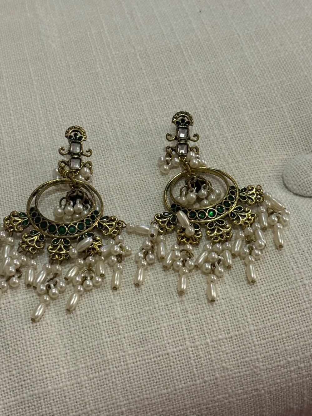 Gold-Tone Pearl & Green Stone Chandbali Earrings